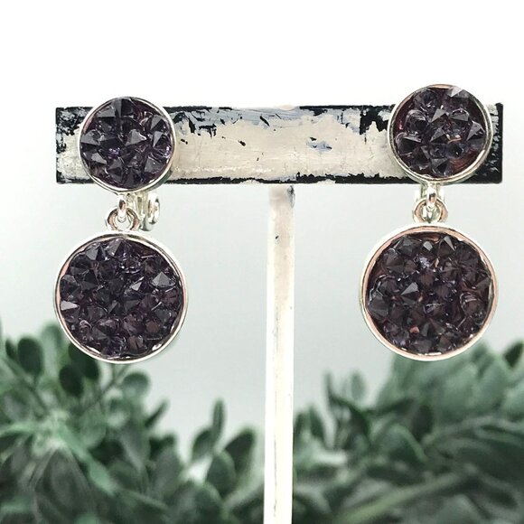 Napier Silver-Tone Amethyst Druzy Double Drop Clip-On Earrings For Women - Picture 2 of 6
